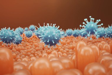 Bağırsak villi, mukoza bağırsak. Bağırsaklarda bakteri ve mikroplar. Mikroskobik villi ve kılcal. İnsan bağırsağı, kronik hastalık. Hepatit virüsleri, grip, hücre enfeksiyonları, 3d Rendering