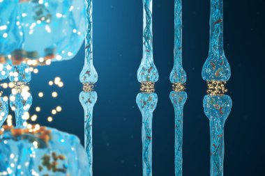 Sinaptik iletim, insan sinir sistemi. Kavram bilinci. Beyin sinapsları. İletim sinaps, sinyaller, beyindeki impulslar, hücresel veya atomik düzeyde bilgi aktarımı, 3d Rendering