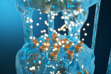 Sinaptik iletim, insan sinir sistemi. Kavram bilinci. Beyin sinapsları. İletim sinaps, sinyaller, beyindeki impulslar, hücresel veya atomik düzeyde bilgi aktarımı, 3d Rendering