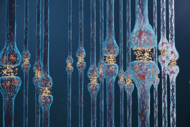 Sinaptik iletim, sinir sistemi reseptörleri. Kavram bilinci. Beyin sinapsları. İletim sinaps, beyindeki impulslar, hücresel veya atomik düzeyde bilgi aktarımı, 3d Rendering