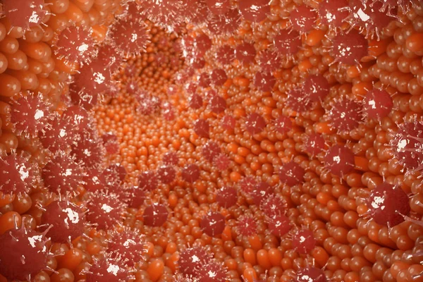 Vellosidades intestinales, mucosa intestinal. Bacterias y microbios en los intestinos. vellosidades microscópicas y capilares. Intestino humano, enfermedad crónica. Virus de la hepatitis, influenza, infecciones celulares, renderización 3D —  Fotos de Stock