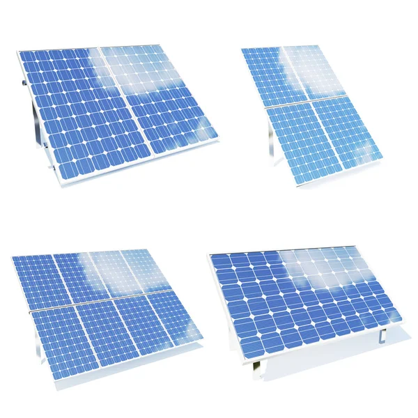 Sluneční panely jsou izolované od bílého pozadí. Sada solárních panelů environmetn Modré solární panely. Koncepce alternativní energie. 3D ilustrace — Stock fotografie