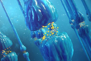 Sinaptik iletimi, insan sinir sistemi. Beyin sinapslarda. İletim sinaps, sinyalleri, beyin bilgi aktarımı hücresel veya Atom düzeyinde dürtüler. 3D render