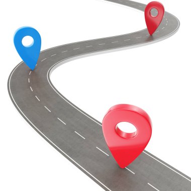 Yol yolculuğu ve Yolculuk rotası. Pin Pointer ile beyaz bir arka plan üzerinde Sarma Yolu. Yol yolu konum bilgi grafiği şablonu ile pin işaretçisi. 3d Rendering