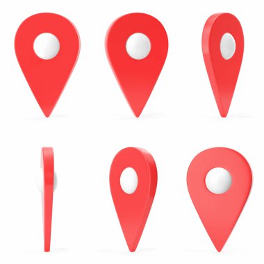 Beyaz arka planda yalıtılmış kırmızı ayarlı eşlekap işaretçisi. Ralistik harita işaretçisi, Gps konum sembolü, üç boyutlu simgeler. 3d render