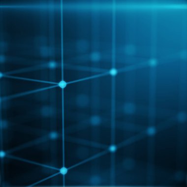 Tel kafes Çokgen öğe. Küp mavi çizgiler ve noktalar ile oluşan. Mavi arka plan. 3D render