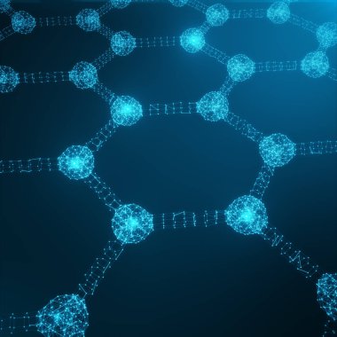 Soyut nanoteknoloji altıgen geometrik form yakın çekim, kavram grafen atomik yapısı, kavram grafen moleküler yapısı. Altıgen formu noktalar ve çizgiler oluşan parlayan. 3D render