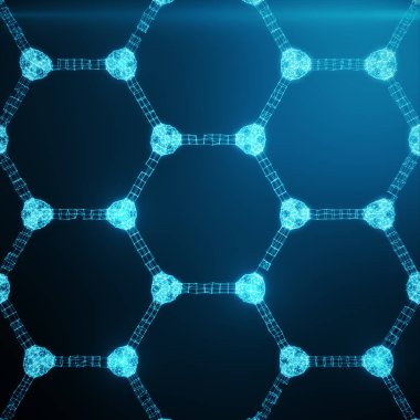 Soyut nanoteknoloji altıgen geometrik form yakın çekim, kavram grafen atomik yapısı, kavram grafen moleküler yapısı. Noktalar ve çizgiler, 3d render oluşan parlayan altıgen formu