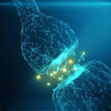 Mavi parlak synapse. Suni nöron yapay zeka kavramı içinde. Bakliyat sinaptik iletim hatları. Soyut Çokgen alanı düşük poli noktalar ve çizgiler bağlanma. 3D render