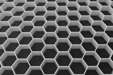 Siyah duvarlı beyaz geometrik altıgen arkaplan. 3d oluşturma