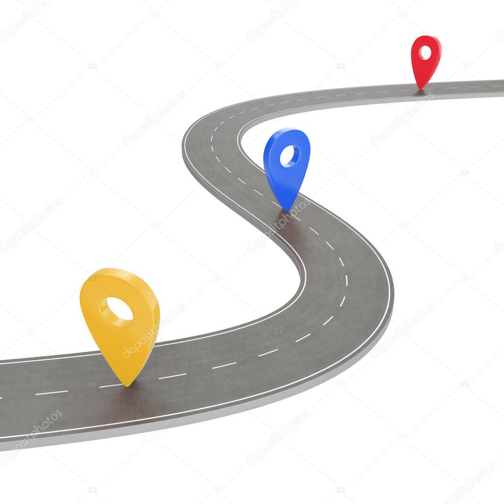 Road trip and Journey route. Winding Road on a white background with Pin Pointer. Road way location infographic template with pin pointer. 3d Rendering