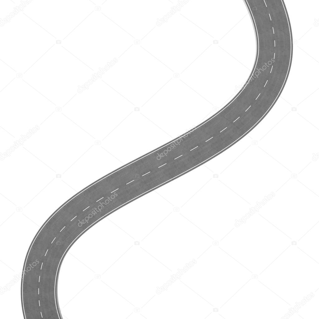 Winding Road isolated on White Background. Road way location infographic template. Two-way road bending on a white background. Asphalt road with turns. 3D rendering