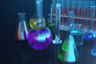 Bir kimyasal reaksiyon 3d illüstrasyon, mavi bir arka plan üzerinde bilimsel bir laboratuvar kavramı. Farklı bileşimlere sahip renkli sıvılarla dolu şişeler.