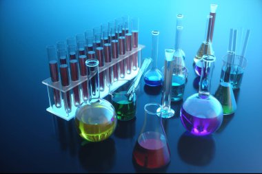 Bir kimyasal reaksiyon 3d illüstrasyon, mavi bir arka plan üzerinde bilimsel bir laboratuvar kavramı. Farklı bileşimlere sahip renkli sıvılarla dolu şişeler.