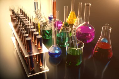 Bir kimyasal reaksiyon 3d illüstrasyon, mavi bir arka plan üzerinde bilimsel bir laboratuvar kavramı. Farklı bileşimlere sahip renkli sıvılarla dolu şişeler.