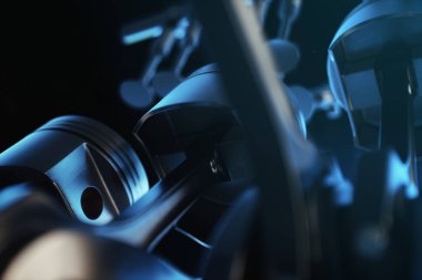 bir içten yanmalı motor 3D Illustration. Motor parçaları, krank, piston, yakıt besleme sistemi. V6 motor piston hareket krank mili ile. Araba motoru içinde gösteren resim