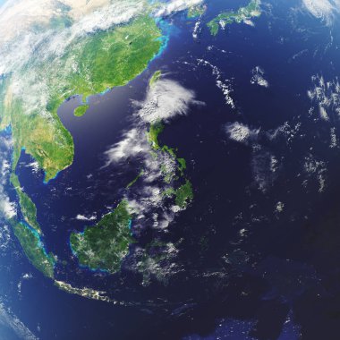 3d render Dünya yakın çekim görünümü, üst görünüm. Uzay'ın yakınında. Uzaydan dünya gezegeni. Nasa tarafından döşenmiş bu görüntünün elemanları