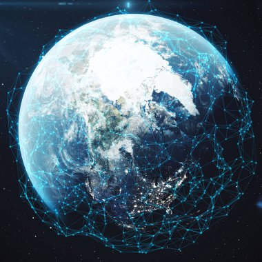 3D render uzayda Dünya gezegeni üzerinde ağ ve veri değişimi. Bağlantı etrafında dünya küre hatları. Çaplı uluslararası Connectivity. Nasa tarafından döşenmiş bu görüntü unsurları