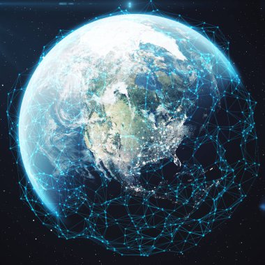 3D render uzayda Dünya gezegeni üzerinde ağ ve veri değişimi. Bağlantı etrafında dünya küre hatları. Çaplı uluslararası Connectivity. Nasa tarafından döşenmiş bu görüntü unsurları