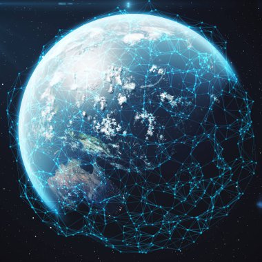 3D render uzayda Dünya gezegeni üzerinde ağ ve veri değişimi. Bağlantı etrafında dünya küre hatları. Çaplı uluslararası Connectivity. Nasa tarafından döşenmiş bu görüntü unsurları