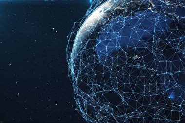 3D render uzayda Dünya gezegeni üzerinde ağ ve veri değişimi. Bağlantı etrafında dünya küre hatları. Çaplı uluslararası Connectivity. Nasa tarafından döşenmiş bu görüntü unsurları