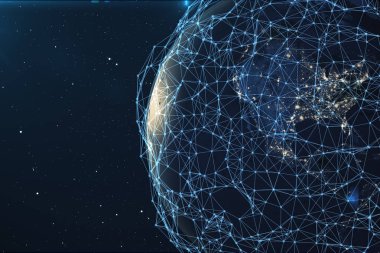 3D render uzayda Dünya gezegeni üzerinde ağ ve veri değişimi. Bağlantı etrafında dünya küre hatları. Çaplı uluslararası Connectivity. Nasa tarafından döşenmiş bu görüntü unsurları