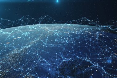 3D render uzayda Dünya gezegeni üzerinde ağ ve veri değişimi. Bağlantı etrafında dünya küre hatları. Çaplı uluslararası Connectivity. Nasa tarafından döşenmiş bu görüntü unsurları