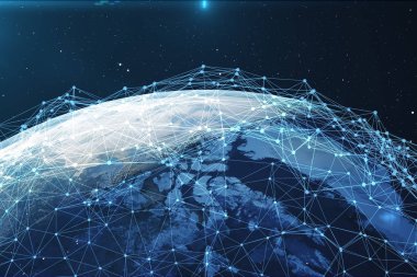 3D render uzayda Dünya gezegeni üzerinde ağ ve veri değişimi. Bağlantı etrafında dünya küre hatları. Çaplı uluslararası Connectivity. Nasa tarafından döşenmiş bu görüntü unsurları