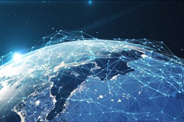 3D render uzayda Dünya gezegeni üzerinde ağ ve veri değişimi. Bağlantı etrafında dünya küre hatları. Çaplı uluslararası Connectivity. Nasa tarafından döşenmiş bu görüntü unsurları