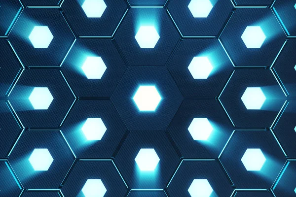 Abstrato Azul Padrão Hexágono Superfície Futurista Com Raios Luz Renderização — Fotografia de Stock