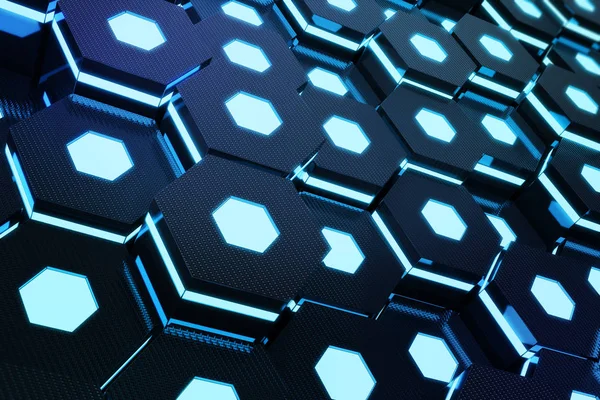 Abstraktes Blau Futuristischer Oberflächen Sechseckmuster Mit Lichtstrahlen Darstellung — Stockfoto