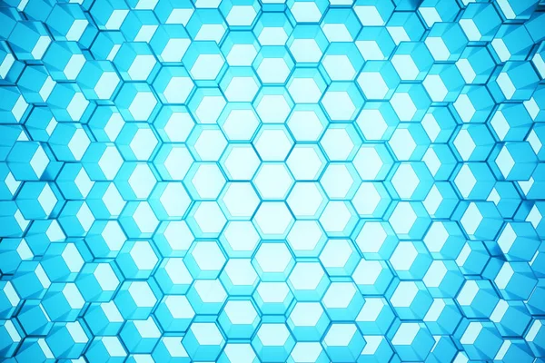 Absztrakt Kék Futurisztikus Felszíni Hatszög Mintás Hatszögletű Méhsejt Fénysugarakkal Renderelés — Stock Fotó