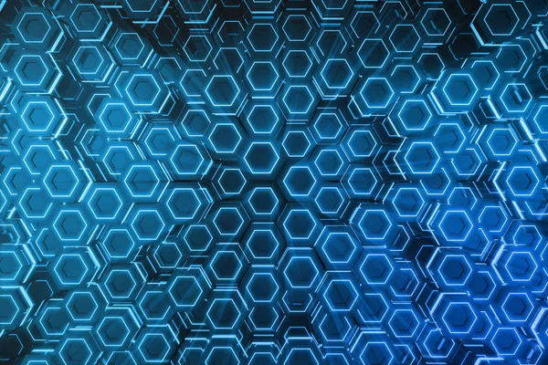 Absztrakt Kék Futurisztikus Felszíni Hatszög Mintás Hatszögletű Méhsejt Fénysugarakkal Renderelés — Stock Fotó