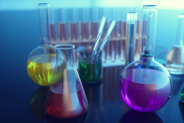 化学反应的例证 蓝色背景上科学实验室的概念 装满不同成分的彩色液体的烧瓶 — 图库照片