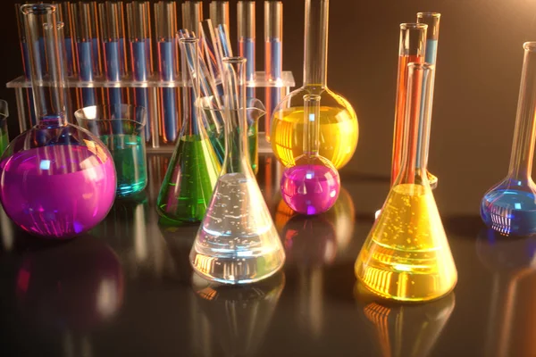 化学反応の3Dイラスト 青い背景に科学実験室の概念 異なる組成物を持つ着色された液体で満たされたフラスコ — ストック写真