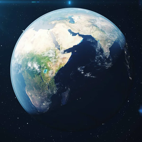 Rendering Planet Earth Avaruudesta Yöllä World Globe Avaruudesta Tähtikentällä Osoittaa — kuvapankkivalokuva