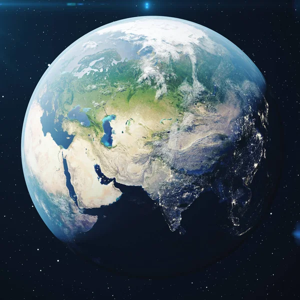 Rendering Planet Earth Avaruudesta Yöllä World Globe Avaruudesta Tähtikentällä Osoittaa — kuvapankkivalokuva