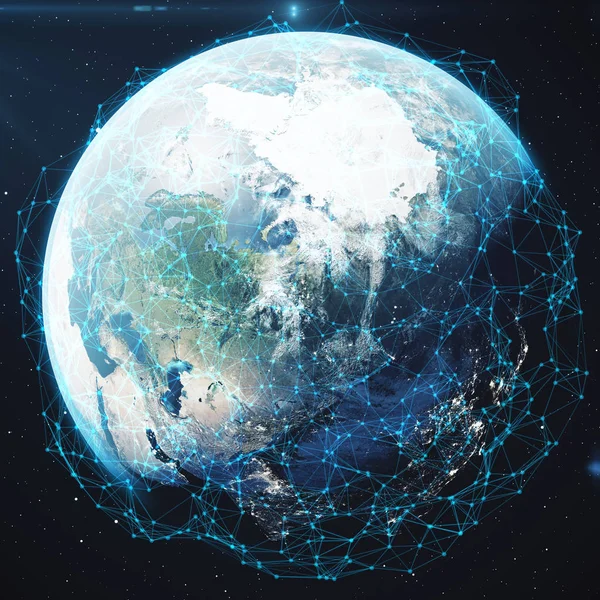 Rendering Netzwerk Und Datenaustausch Über Den Planeten Erde All Verbindungsleitungen — Stockfoto