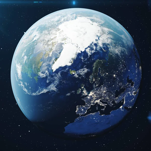 Rendering Planet Earth Avaruudesta Yöllä World Globe Avaruudesta Tähtikentällä Osoittaa — kuvapankkivalokuva