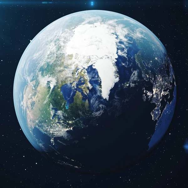 Rendering Planet Earth Avaruudesta Yöllä World Globe Avaruudesta Tähtikentällä Osoittaa — kuvapankkivalokuva