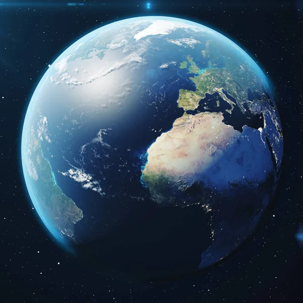 从夜晚的空间渲染行星地球 世界地球从空间在一个星领域显示地形和云彩元素这个图片由 Nasa 装备了 — 图库照片