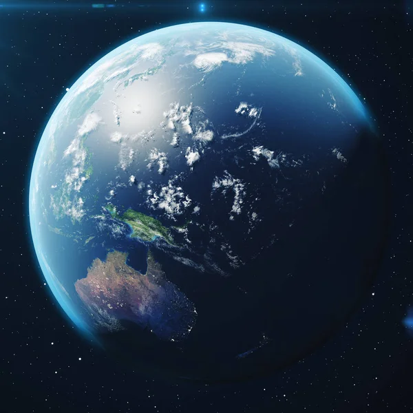 Rendering Planet Earth Avaruudesta Yöllä World Globe Avaruudesta Tähtikentällä Osoittaa — kuvapankkivalokuva