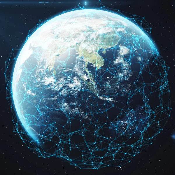 レンダリング空間で地球上のネットワークとデータ交換 接続は 地球の周りを行します グローバル国際的な接続 Nasa から提供されたこのイメージの要素 — ストック写真