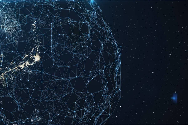 レンダリング空間で地球上のネットワークとデータ交換 接続は 地球の周りを行します グローバル国際的な接続 Nasa から提供されたこのイメージの要素 — ストック写真