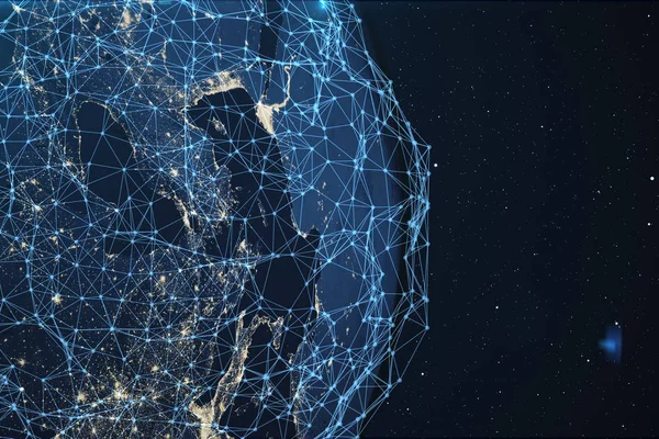 Renderização Rede Troca Dados Sobre Planeta Terra Espaço Linhas Conexão — Fotografia de Stock
