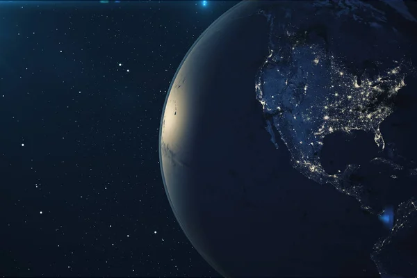Renderowania Planety Ziemia Kosmosu Nocy Ziemska Kosmosu Pole Gwiazdowe Przedstawiającej — Zdjęcie stockowe