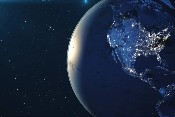 Рендеринг Планеты Земля Космоса Ночью World Globe Space Star Field — стоковое фото