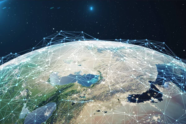 Rendu Réseau Échange Données Sur Planète Terre Dans Espace Lignes — Photo