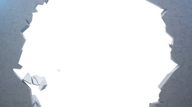 Küçük parçalarhalinde kırık beton duvar. Çatlak toprak, delik hacim ışık ışınları ile soyut arka plan. Patlama, yıkım, kırık, beton duvar. Beyaz arka planda izole edilmiş. 3d Rendering