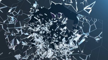Küçük parçalar halinde paramparça merkezinde bir delik ile cam 3d illüstrasyon duvar. Afişiniz, reklamınız için yerleştirin. Patlama duvarda bir çatlak yarattı. Buz kırık wal patlama delik